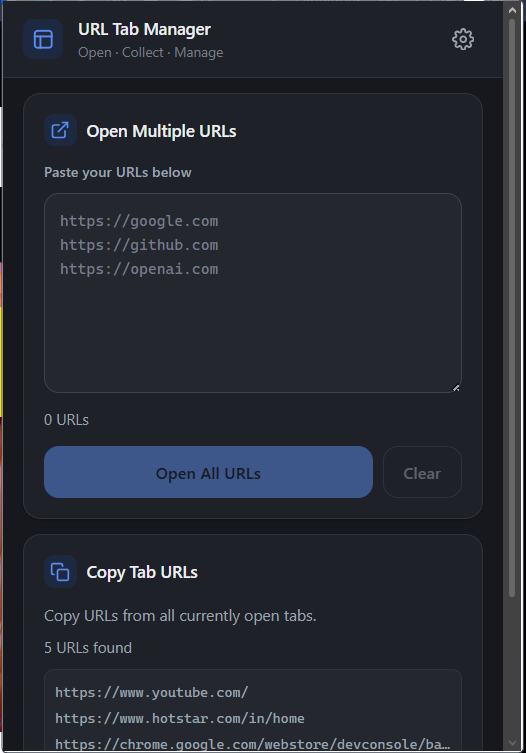 URL Tab Manager Popup Interface